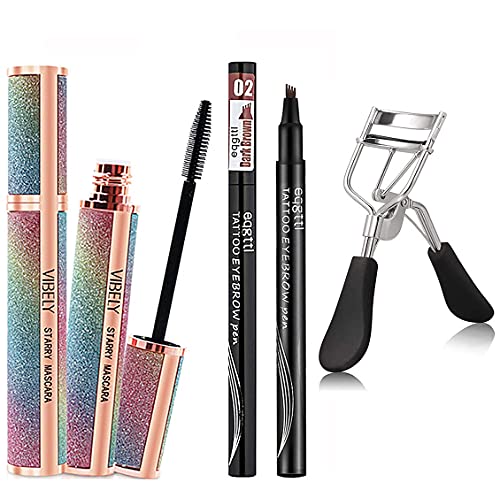 Silk Fiber Eyelash Mascara ,with Eyebrow pencil, Eyeliner pencil ,Curling Thick,Waterproof Lasting Mascara for Eye Makeup Natural Voluminous Look 3 styles (Black/Dak Brown/Eyelashes)
