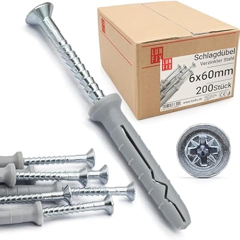 Lun Fix Kołek rozporowy 6,0 x 60 mm – kołki rozporowe 200 szt. – kołki rozporowe – śruba do ramy – szybki montaż – śruba udarowa – łeb wpuszczany