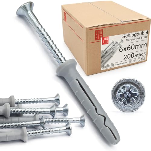 Taco de golpe 6,0 x 60 mm 200 uds, tacos con tornillo de acero galvanizado, tacos para pladur y hormigón, anclaje pared y montaje rápido con clavo metálico profesional, Lun Fix