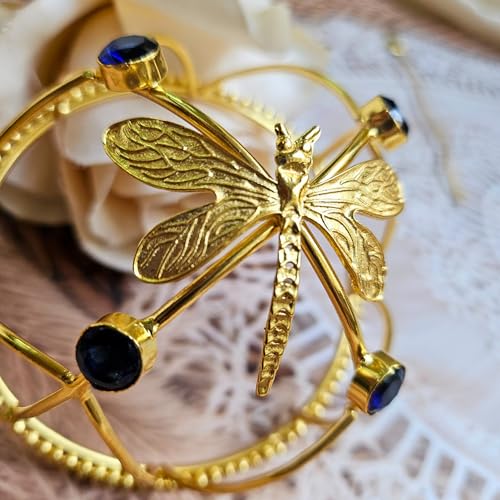 Image of Hair Bun Cage Accessory for Women | Handcrafted Brass Juda Cover with Stick | Anti-Tarnish Traditional Hair Accessory for Wedding & Festive (Dragonfly Blue Crystal Hair Bun (Golden))
