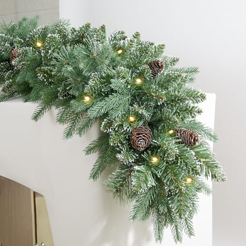 9FT Prelit Christmas Garland Decorations 50 White Light, Snow Xmas Garland with Lights, Pulg in, for Outdoor Indoor, Home Decoration Mantle Stairs Railing Fireplace Outdoor Indoor Door
