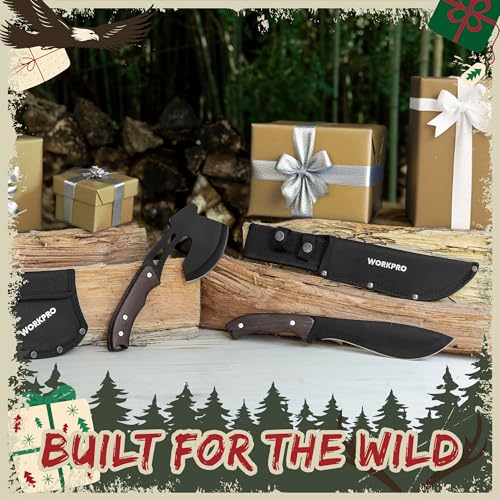 WORKPRO Axe and Fixed Blade Knife Combo Set, Full Tang, Wood Handle, for Outdoor Camping Survival Hunting, Sheath Included - Image 3