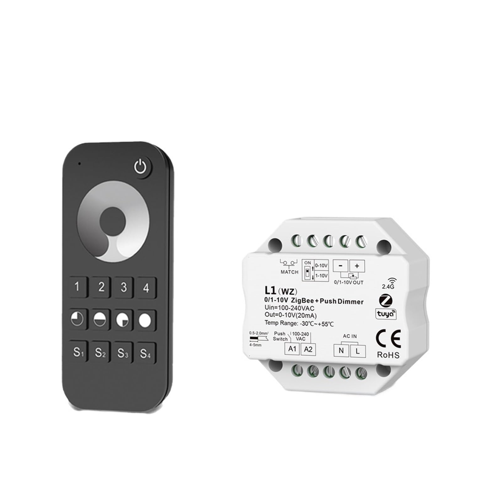 1 módulo de interruptor de atenuación LED de 0-10 V CA 100-240 V, 2.4 G, control remoto de atenuación de voz (L1 (WZ) y RT6)