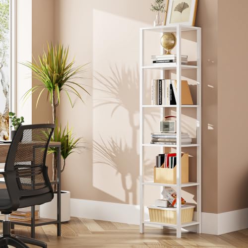 TUTOTAK Bookshelf 6-Tier Tall Book Shelf Narrow Bookcase for Small Space DIY Stackable Bookshelf for Living Room Office Study Entryway Industrial White BS01BW006
