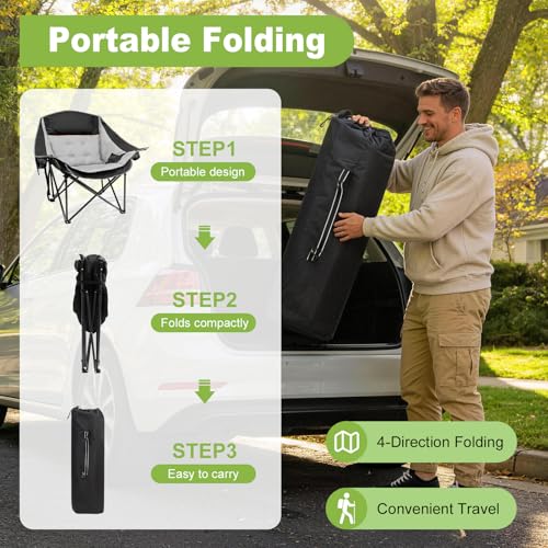 Suteck Silla Plegable para Camping, Silla Acolchonada Sobredimensionada y Resistente, Negro Gris miniatura 6