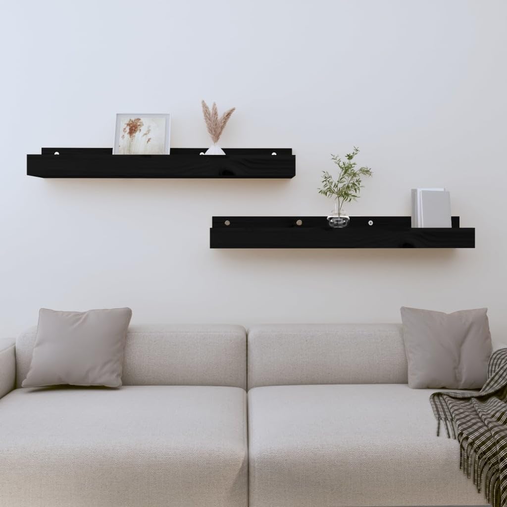 Generico 2 estantes de pared, color negro, 80 x 12 x 9 cm, de madera maciza de pino (3,34 kg), muebles