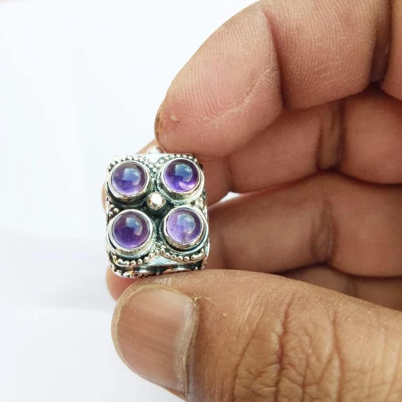 Natural Amethyst Rectangle Shaped Poison Box Ring Four Amethyst Gemstone Ring Four Stone Ring Purple Stones ring Precious Ring Large Poison Pillbox Ring Antique Poisoner Ring Amethyst Jewelry