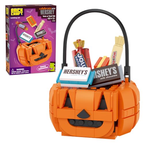 Brickcraft Hershey's Trick or Treat Tub Building Kit (155 Pieces), Officially Licensed Halloween Jack-o-Lantern Candy Bucket with Mini Chocolate Bars, for Teens & Adults, Ages 8+