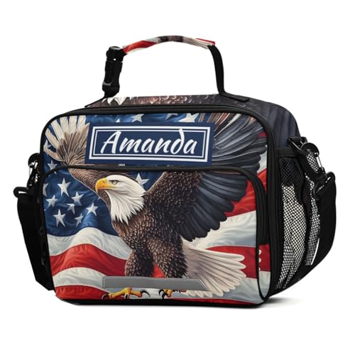ALAZA Custom Bald Eagle American Flag Old Lunch Box for Girls Boys Personalized Name Custom Lunch Bags for School Insulated Cooler Bag Reusable Tote Bag