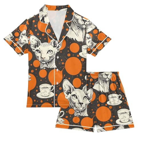 senya Retro Style Cats and Coffee Satin Summer Pajama Sets Silk Short Sleeve Button Down Sleepwear
