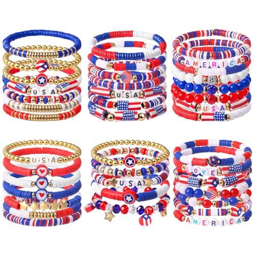 41 Pcs Patriotic Surfer Heishi Bead Bracelets Women Patriotic Stackable Beaded Stretch Bracelets USA Red White Blue Outfit Accessories Jewelry for Labor Day Veteran Day Friendship Gifts