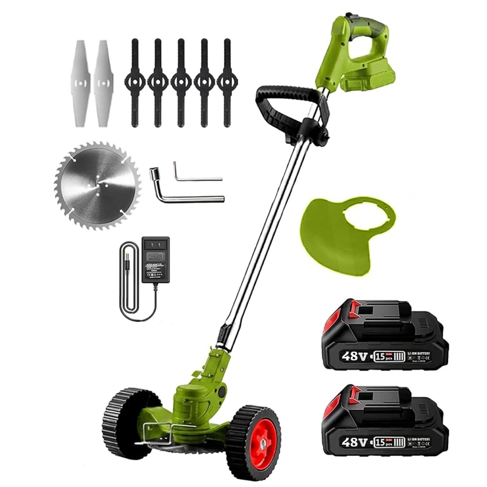 Mediawave Store – Decespugliatore a Batteria con Ruote Rimovibili e Manico Telescopico Allungabile, Tosaerba Elettrico con 2 Batterie Ricaricabili Incluse per Cura del Giardino
