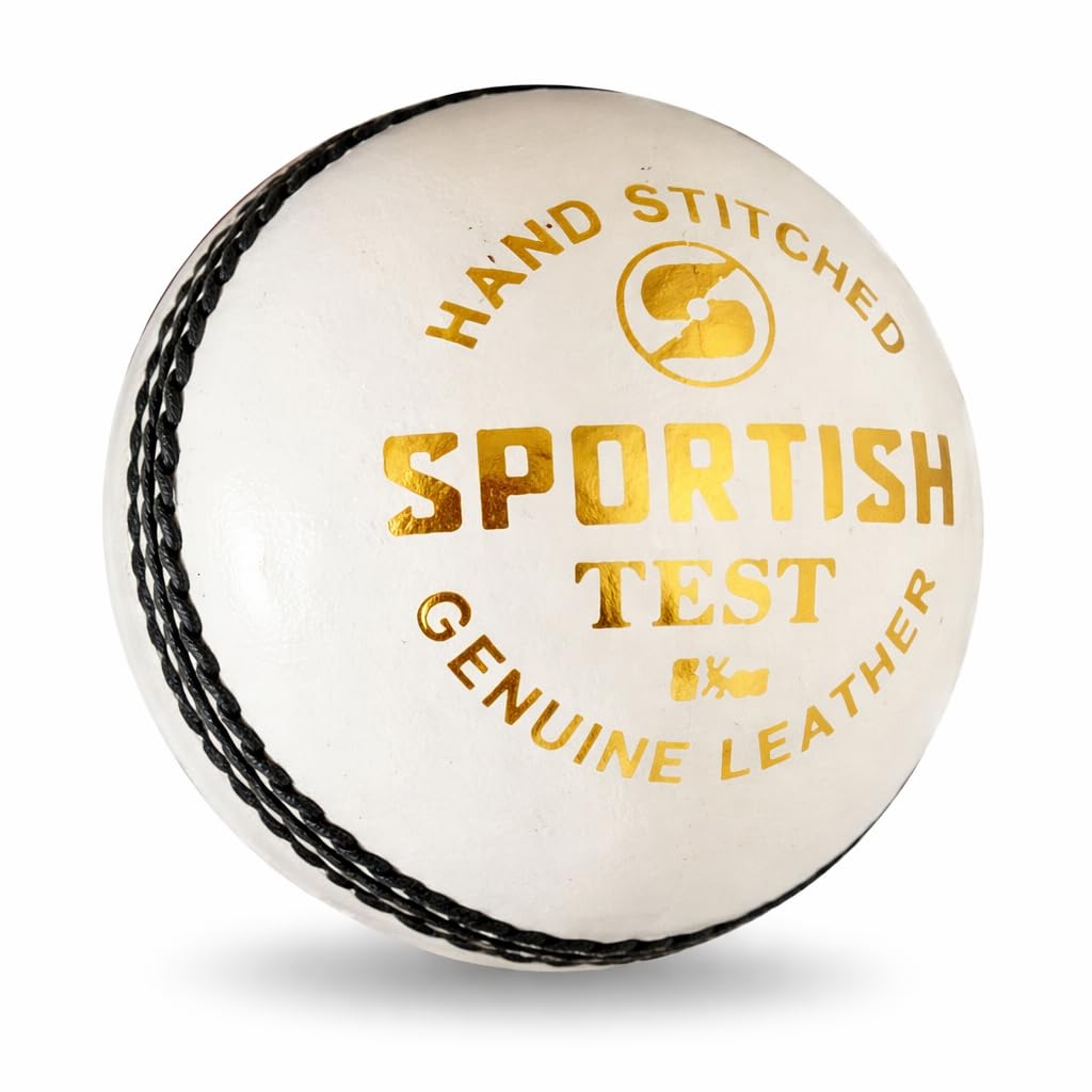 SPORTISH Cricket Test Ball, Premium Genuine Leather Hard Ball, Hand Stitched for Endurance & Durability, Ideal for Test Matches and Club Cricket - White