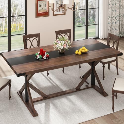 Hlivelood 71 Inch Dining Table for 6 People, Rectangular Kitchen Farmhouse Table W/Thickness Waterproof Wood Tabletop,Long Dining Room Tables W/Wood Strip Base for Kitchen Living Room(BR)