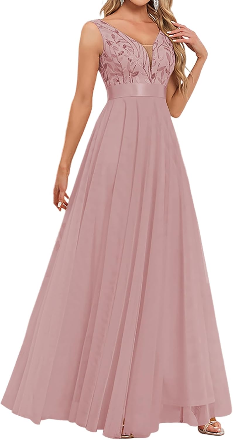Women's Formal Dresses Long Evening Gowns Tulle V Neck Sleeveless Sparkly Sequin Cocktail Party Wedding Guest Dress