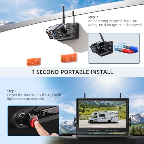 Image of eRapta Magnetic Wireless Backup Camera Kit with HD1080P 10 inch DVR Monitor, Dual RV /Trailer /Truck /Tractor Cameras Wireless System, No Wiring, 9600mAh Rechargeable Battery, IR Night Vision-ACT1002