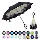 WASING Double Layer Inverted Umbrella Cars Reverse Umbrella, Windproof UV Protection Big Straight Umbrella for Car Rain Outdoor With C-Shaped Handle