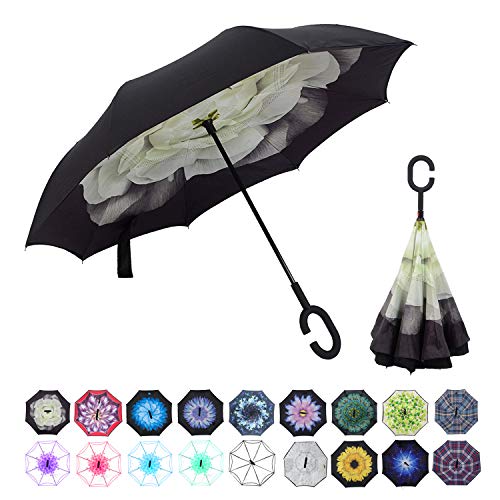 WASING Double Layer Inverted Umbrella Cars Reverse Umbrella, Windproof UV Protection Big Straight Umbrella for Car Rain Outdoor with C-Shaped Handle