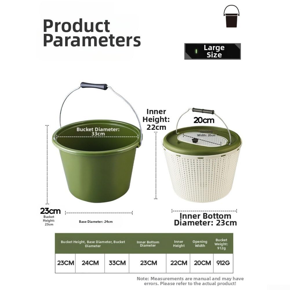 Secchio pieghevole per la pesca con doppi manici – Contenitore portatile per pesci vivi e esche – lavabo in polipropilene ispessito per campeggio – verde 33 x 23 x 23 cm (grande)