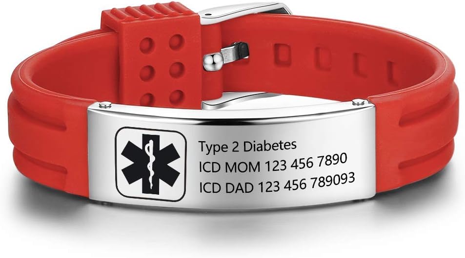 Personalized Silicone Medical Adjustable Sport Emergency ID Bracelets - Engraving, 9 Inches, Waterproof, ID Alert Bracelets for Men & Women