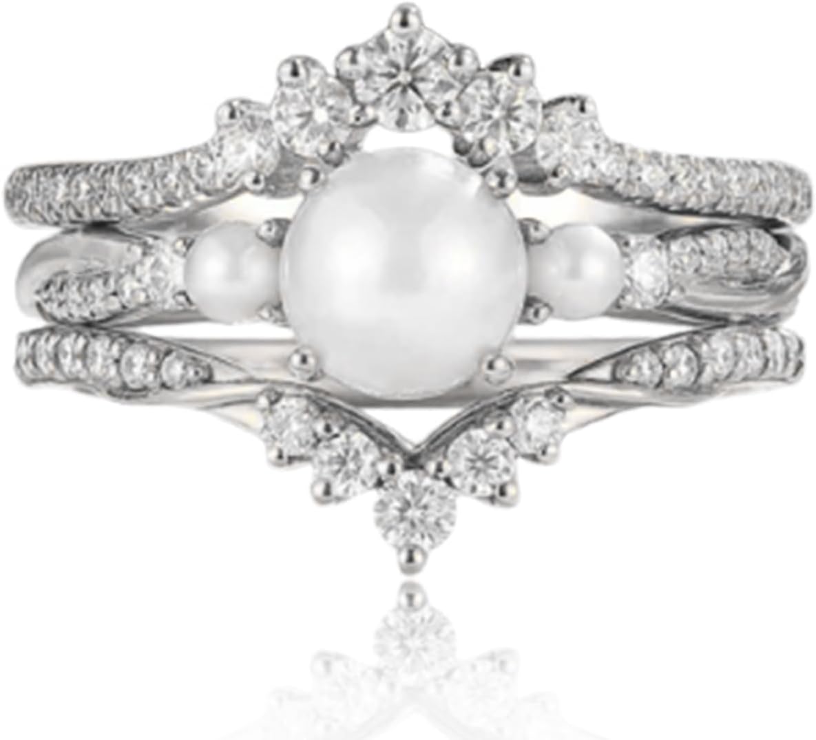 3 PCS 6-6.5mm Pearl and Opal Engagement Ring for Women in 10K/14K/18K Solid Gold Round Pearl and Moissanite Wedding Bridal Ring Set Gift for Her Size 4-12