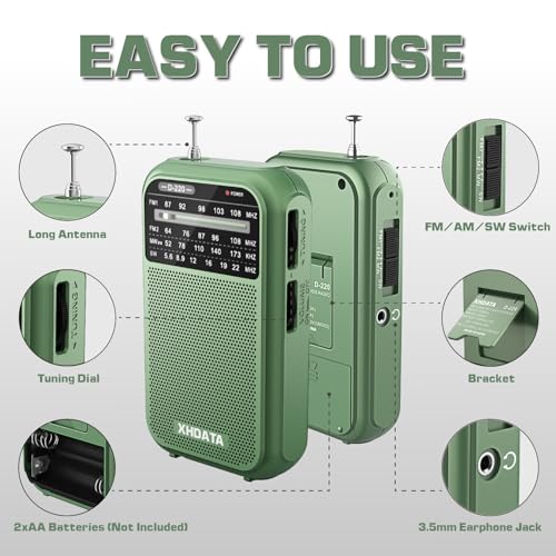 Image of XHDATA D220 Portable AM FM SW Radio Battery Operated With Headphone Jack, Excellent Reception Transistor, Pocket Size for Gift, Family, Elder (Green) | 2AA Battery Operated, Transistor Radio with Excellent Reception for Family or Elder (Green)