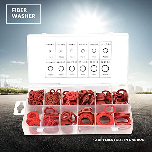 Jadeshay Fibre Washer,600 Pcs Fibre Washers Assorted Kit Red Steel Paper Insulation Washer Assorted Set including a Storage Box 12 Sizes Included for Electrical Equipment and Industrial Manufacturing - Image 2