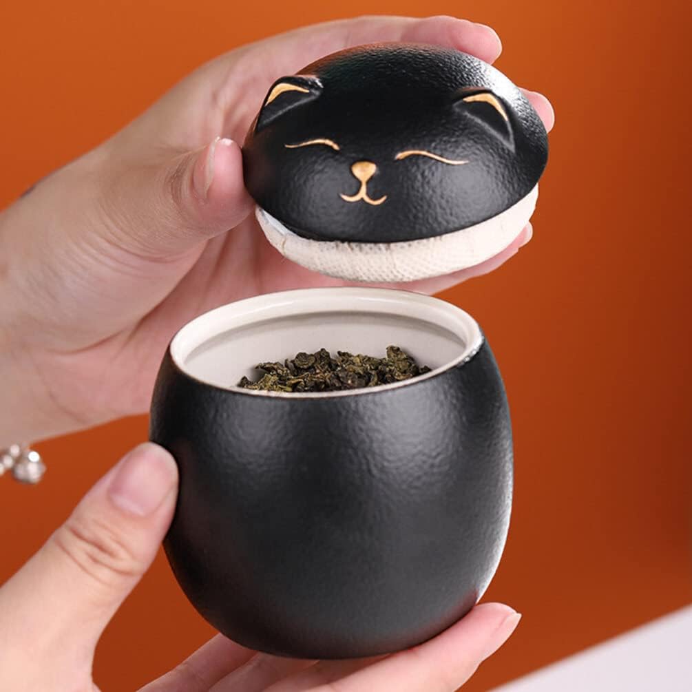 Angoily Ceramic Jar 160ml Food Storage Container Japanese Lucky Cat Maneki Canister Tea Jar With Lid for Coffee Candy Chocolate Sugar Spices Black Bulk Candy