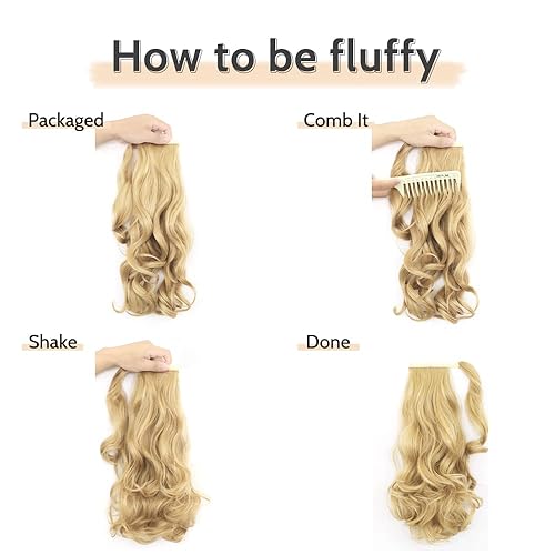 Miniatura 6 de Extensión de cola de caballo rubia, extensión de cola de caballo con clip, extensiones de cabello rizado ondulado de 16 pulgadas, peluca de cola de
