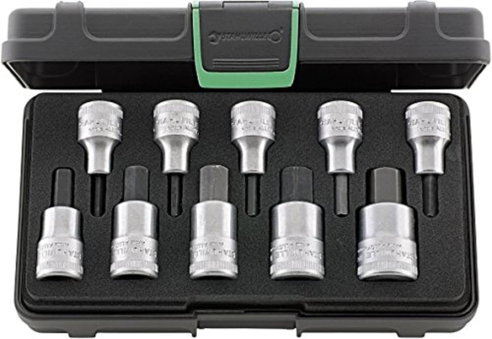 Stahlwille 96031508 1/2" INHEX Socket Set, 10 Pieces, 4mm to 19mm, Chrome Alloy Steel, Chrome-Plated, ABS Plastic Case, Heavy-Duty, Made in Germany