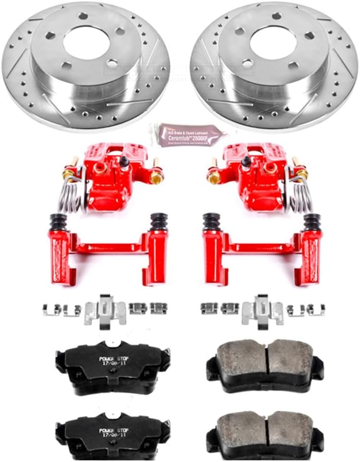 PowerStop Rear Brake & Caliper Kit for Ford Mustang 1994-04 - Carbon-Fiber Ceramic Brake Pads + Drilled & Slotted Rotors + Red Powder Coated Calipers, KC1303