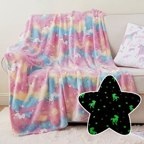 Bunnikins & Clover Glow in The Dark Blanket Unicorns Gifts for Girls, Unicorn Party Blankets, Luminous Kids Blankets for Birthday Christmas Halloween Thanksgiving Easter Gifts,50x60in
