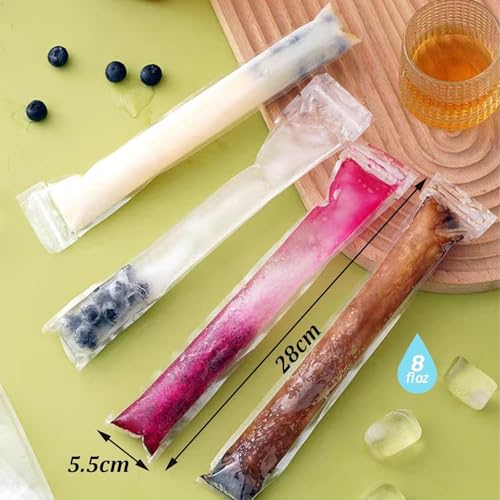 100 Pack Ice Pop Bags with Silicone Funnel - Ice Pop Bags - BPA Free Freezer Pop Bags for Homemade Healthy Popsicles, Yogurt, Juice - 28cm x 5.5cm Popsicle Bags with Zip Seal - Image 3