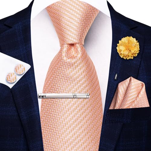 Image of Hi-Tie Light Orange Solid Men's Silk Ties Woven Classic Necktie and Pocket Square Lapel Pin Silver Tie Clip Cufflinks Set Wedding Business 6PCS