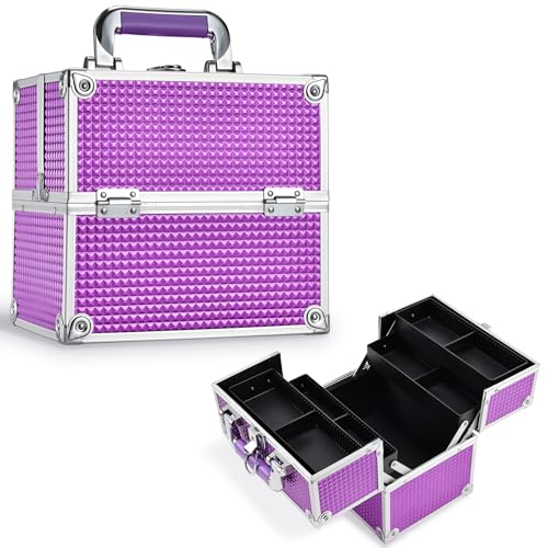 Frenessa Vanity Box Cosmetics Case Makeup Organiser Box Beauty Cosmetic Make Up Storage Case 4 Trays Lockable with Keys, Purple