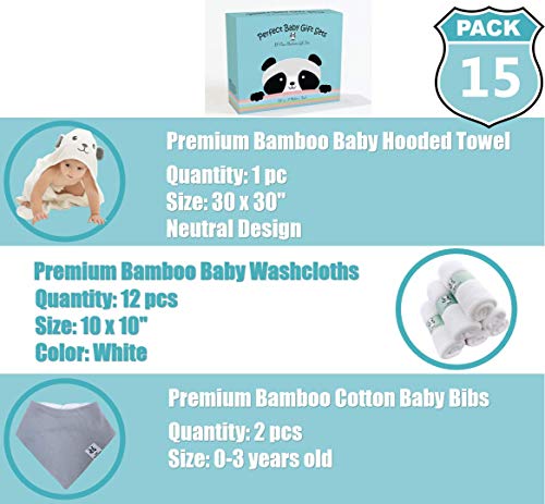 Premium 15 Piece Baby Gift Box Set - Bamboo Baby Bath Towels, Washcloths, Bandana Bibs (Neutral Design) - Baby Registry Search Essentials for Boys and Girls - Thumbnail 4