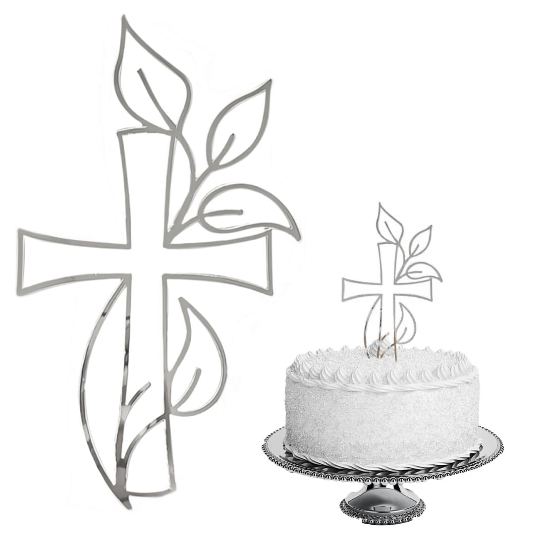 Luxorium 1 Stück Tortendeko Kreuz Silber für Kommunion Konfirmation Taufe Acryl Cake Topper mit Blätter Motiv elegante Kuchendeko für Torte