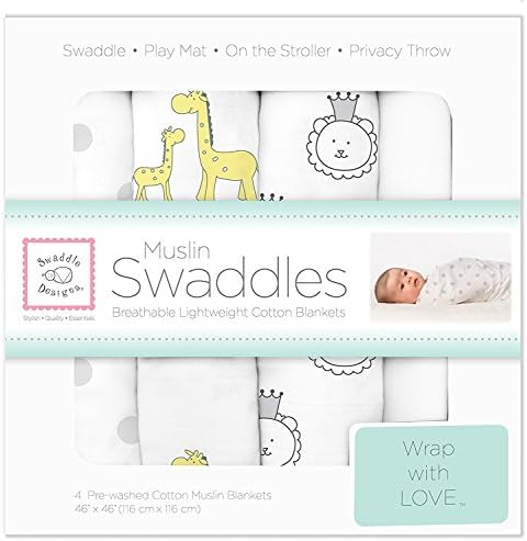 SwaddleDesigns Cotton Muslin Swaddle Blankets, Set of 4, Receiving Blankets for Baby Boys & Girls, Best Shower Gift, 46x46 inches, Sterling Jungle Friends