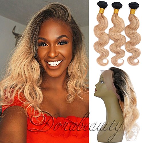 DoraBeauty #1B/27 Ombre Human Hair 360 Lace Frontal with 3 Bundles 14"+16"18"20" Body Wave (22.5×4×2 in) 360 Lace Frontal Wig