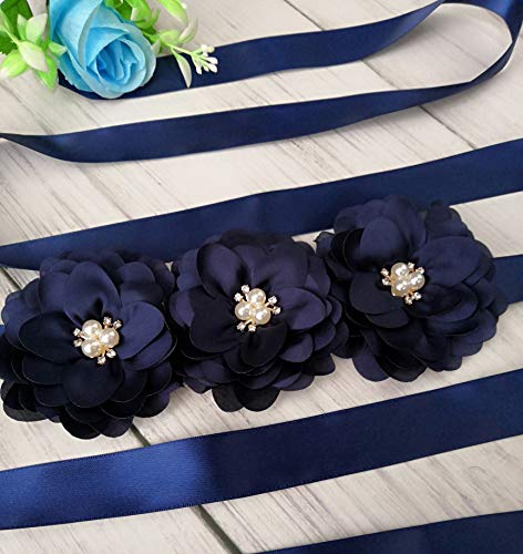 Oyabridal Flower Girl Sash Belt For Dresses Bride/Bridesmaid Sash Belts Flower Pearls Sashes For Wedding Dress (Navy) #TOP1
