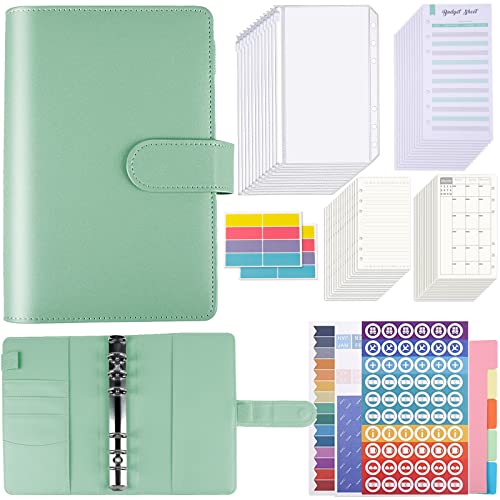EFUTURETIME Carpeta Presupuesto A6, Carpeta de Cuaderno con 12 Bolsas Transparente, Archivador dinero con Hojas de Presupuesto & Etiquetas Adhesivas, Organizador de Dinero Carpeta de PU,Verde menta Cover