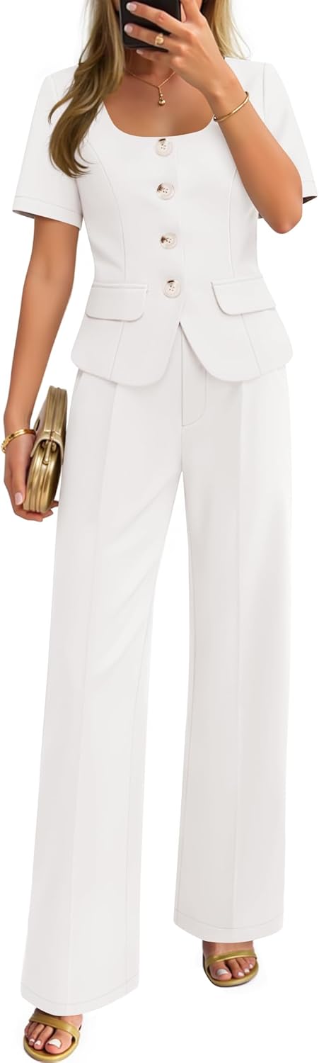 ZESICA Women's Summer Two Pieces Suits Set 2026 Short Sleeve Blazer Wide Leg Pants Business Casual Outfits Sets