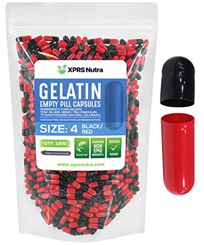 Image of XPRS Nutra Size 4 Empty Capsules - 1000 Count Small Empty Gelatin Capsules - Pills DIY Capsule Filling - Fillable Pure Bovine Pill Gel Caps for Do-It-Yourself Supplements (Black /Red)