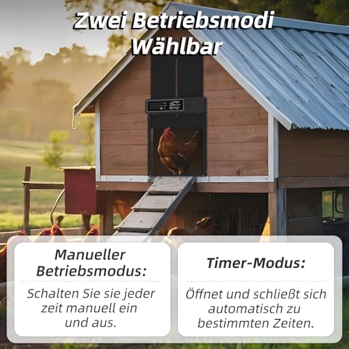 KACNON Aluminium Automatische Hühnerklappe - Elektrische Hühnerklappe mit Wasserdicht Großes Display, Timer, Klemmschutzfunktion - Automatisch für Hühner, Ente, Gans, Häschen, Kratzfest