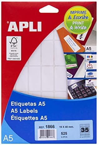 APLI 1866 - Etiquetas A5 blancas 19,0 x 40,0 mm 15 hojas