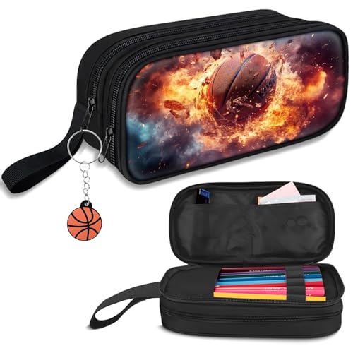 Image of TILYTADLY Large Pencil Case for Boys - Basketball Boys Pencil Pouch with Zipper Compartments - Big Capacity Pen Box Pen Bag Organizer with Keychain for Kids Teens School