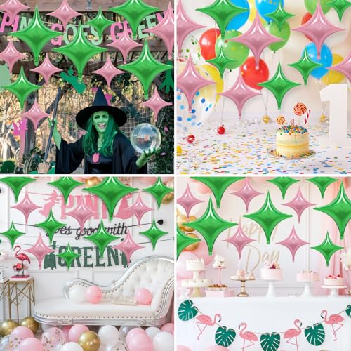 Image of Pink Green Star Balloons,12Pcs Four Angle Star Foil Balloons | 26Inch and 10Inch Pink Green Quadrangle Star Helium Balloon for Witch Birthday Baby Shower Party Decorations