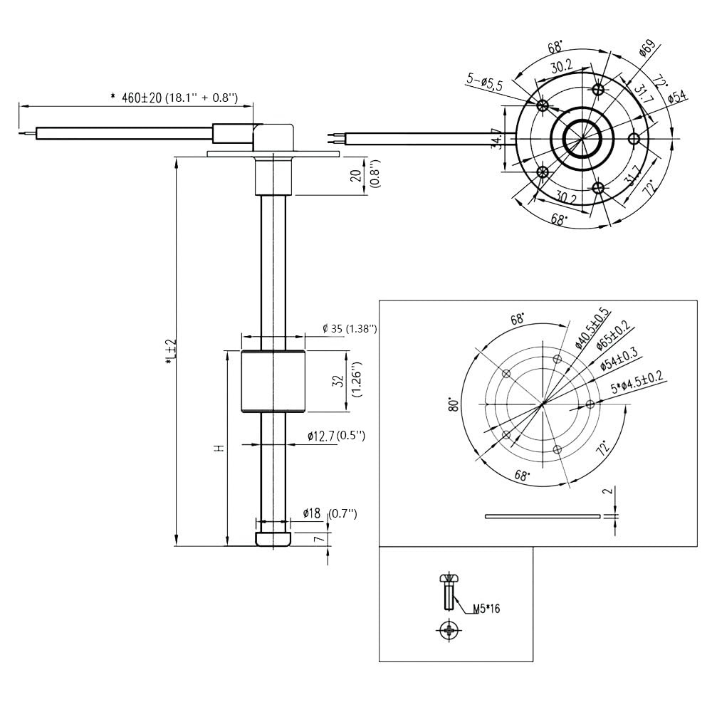 ELING Capteur de niveau d'eau numérique de 52 mm avec rétroéclairage 8 couleurs 0–190 Ohm Signal Émetteur de niveau d'eau Capteur 500 mm pour yachts et navires