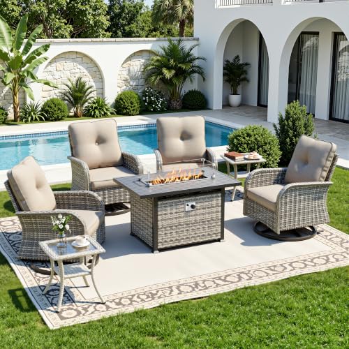 Image of 7-Piece Small Patio Furniture Set, Outdoor Swivel Rocking Chairs Set with 55,000 BTU Fire Pit Table Wicker Chairs and Tempered Glass Side Table, Patio Bistro Set for Balcony, Deck, Porch