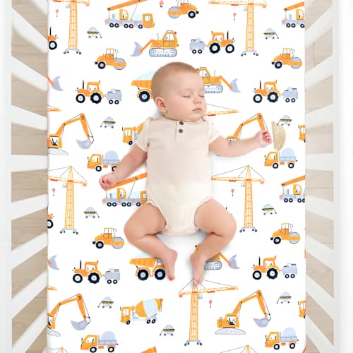 Image of JISEN Baby Fitted Crib Sheets for Boys Girls 52x28 Inch Construction Trucks